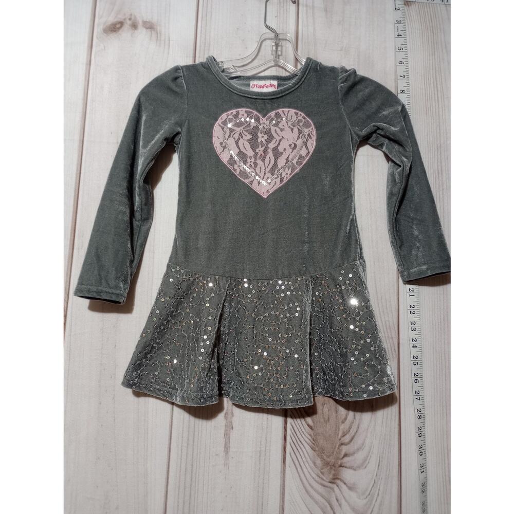 Flapdoodles Dress Girls Size 6‎ Gray Velvet Long Sleeve Heart Sequin Skirt Party
